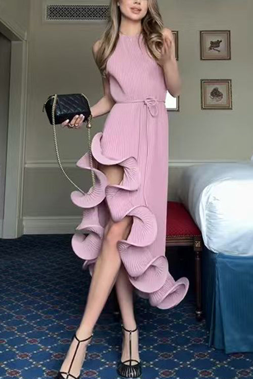 Sleeveless Irregular Ruffle Hem Midi Dress