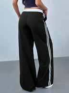 Striped Color Blocking Elastic Waistband Lace Up Pants