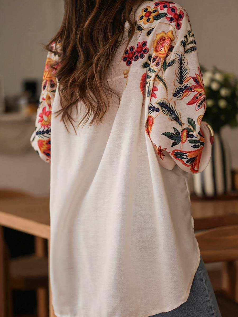Floral Print V-Neck Long Sleeve Shirt