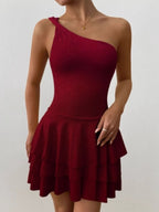 Slanted Shoulder Neck Backless Ruffle Mini&Short Dresses