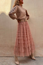 Tulle Layered Ruffle Mesh Maxi Skirt