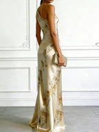 Off-shoulder, One-neck Floral Print Satin Long Dress