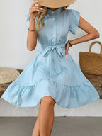 Polka Dots Lotus Leaf Sleeves A-line Skirt Lace Up Mini&Short Dresses
