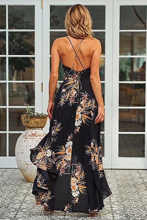 Floral Print Spaghetti Strap V-Neck High Low Ruffle Hem Maxi Dress
