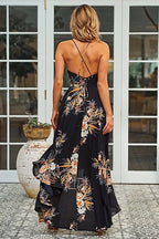 Floral Print Spaghetti Strap V-Neck High Low Ruffle Hem Maxi Dress