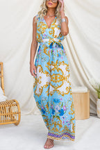 V Neck Sleeveless Bow Waist Floral Print Wide Leg Jumpsuit