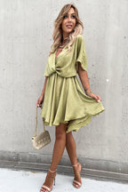 Satin Wrap Front Twist Waist Flutter Sleeve Ruffle Hem Mini Dress