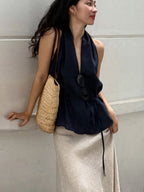 Cotton Blend Halter Navy Blue Lace Up Comfort Temperament Commuting Tank Tops