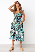 Sunflower Print Spaghetti Strap Button Front Fit and Flare Midi Dress