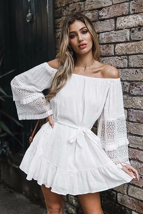Off-the-Shoulder Bell Sleeve Eyelet Lace Fringe Trim Tie Waist Wrap Mini Dress