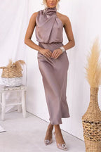 High Neck Zipper Back Waisted Satin Midi Dress