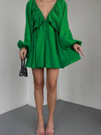 Deep V Neck Lantern Sleeve Pleated Waist Belted Mini Dress