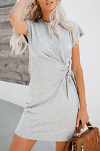 Crew Neck Short Sleeve Side Knot Twist Waist T-Shirt Mini Dress