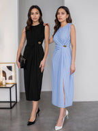 Sleeveless Pleated Metal Decoration Slit Midi Dresses