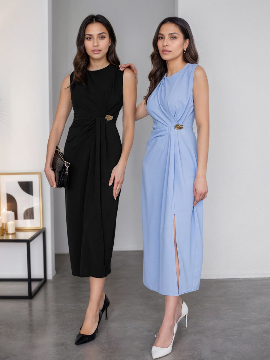 Sleeveless Pleated Metal Decoration Slit Midi Dresses