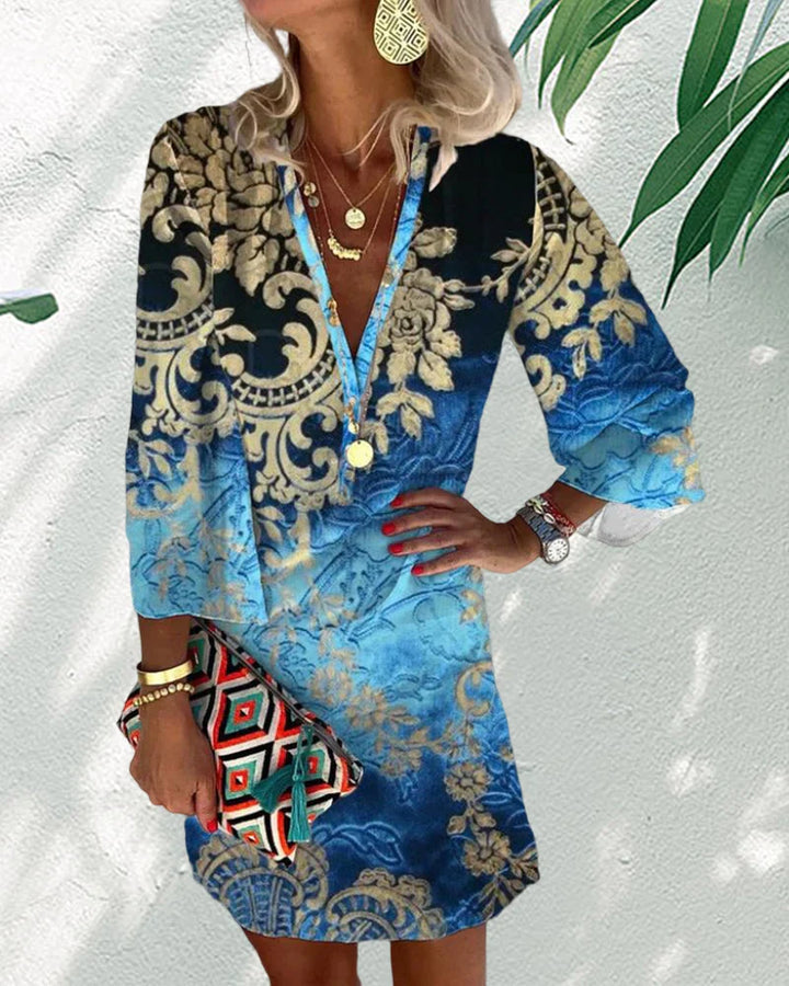 Alejandra Aesthetic Long Sleeved Dress with Boho Print Premium Wardrobe Essential