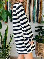 Stripes Color Matching Polo Collar Pocket Long-sleeved Midi Dress