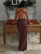 Swing Collar Halter Metal Decoration Maxi Dresses