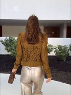 Applique Lace Stand Collar Cardigan Hollow Vacation Shirts