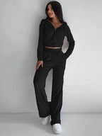 Liber Autumn women's clothing zipper Hooded long-sleeved cardigan two-piece set