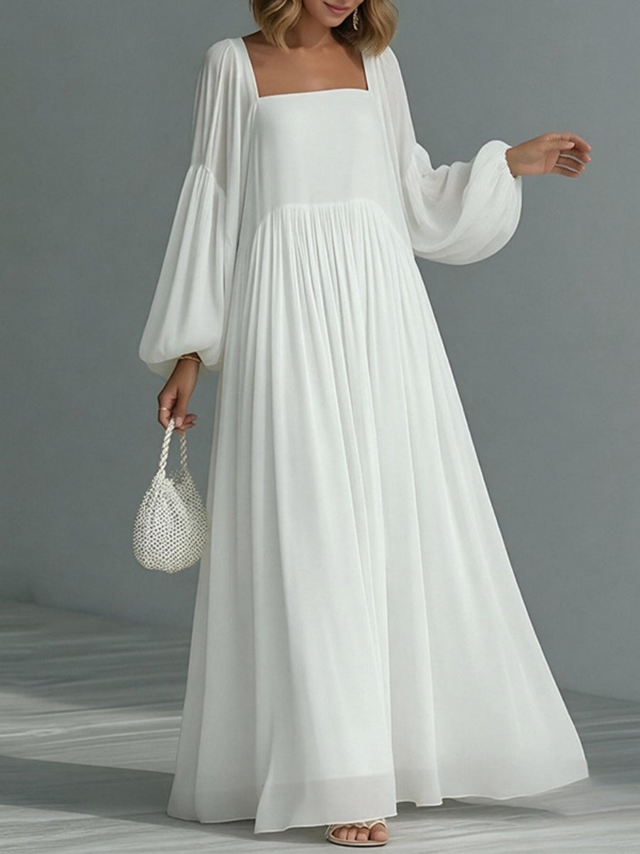 Vacation Balloon Sleeve Big Swing Square Collar Comfort Maxi Dresses