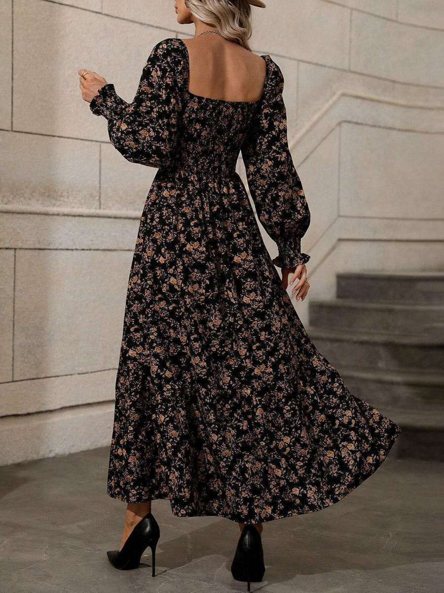 Floral Long Sleeve Square Collar Vacation And Leisure Maxi Dresses