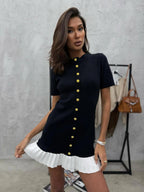 Contrasting Edges Slim-fit Button Short Sleeve Ruffle Mini&Short Dresses