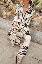 Coral Reef Print Long Sleeves Blouse Shirt Wide Leg Pants Satin Set