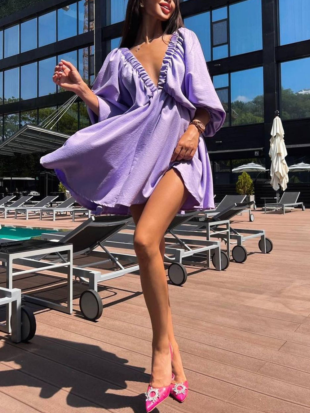 Deep V Neck Lantern Sleeve Pleated Waist Belted Mini Dress