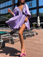 Deep V Neck Lantern Sleeve Pleated Waist Belted Mini Dress