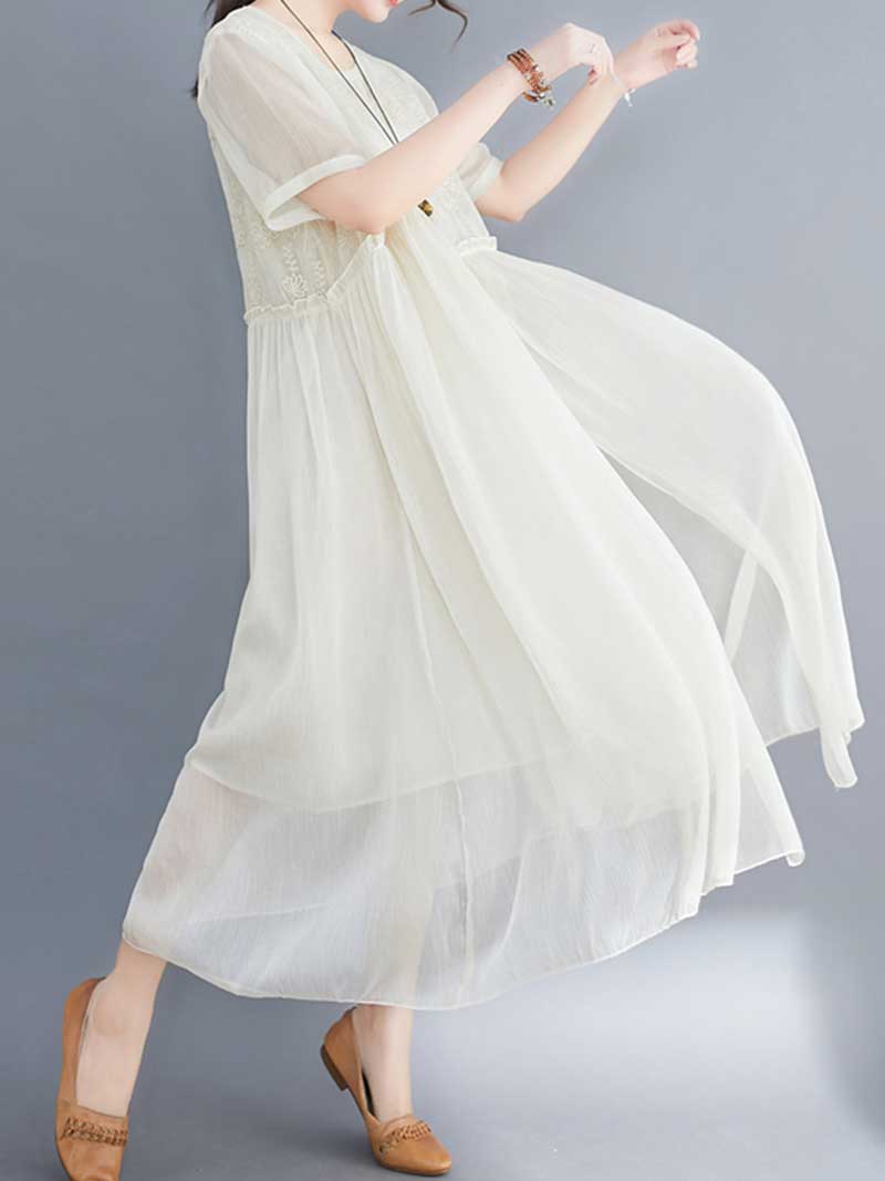 Embroidered Silk Round-Neck A-Line Dress
