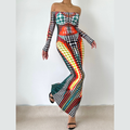 Polka dot thermal contrast off shoulder long sleeve backless maxi dress