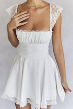 Square Neck Ruched Bust Lace Cap Sleeve Lace Hem Mini Dress