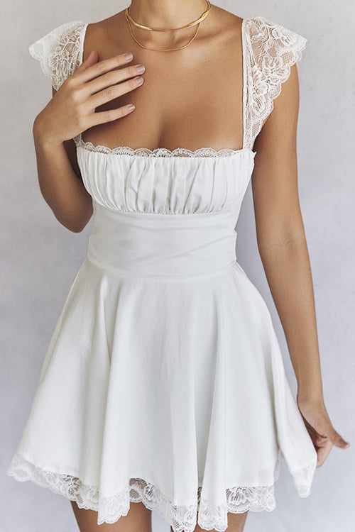 Square Neck Ruched Bust Lace Cap Sleeve Lace Hem Mini Dress