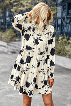 Smocked Mock Neck Balloon Sleeve Tiered Floral Print Mini Dress