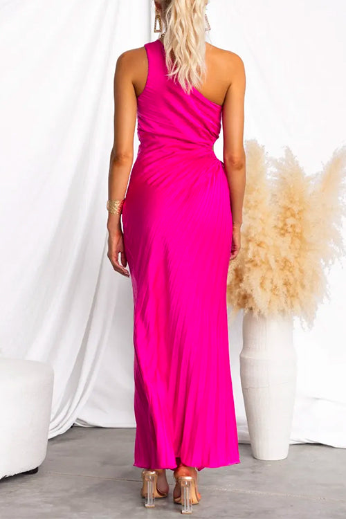 One Shoulder Drawstring Cut Out Pleated Swing Maxi Dress
