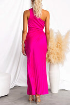 One Shoulder Drawstring Cut Out Pleated Swing Maxi Dress