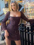 Square Collar Lace Trim Lace Up Long Sleeve Mini&Short Dresses