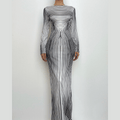 Striped print long sleeve crewneck contrast maxi dress