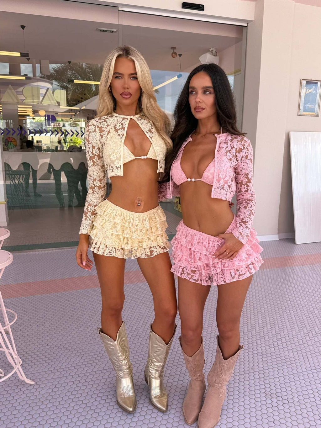 Lace Mesh Jacket With Chest Cup Skirt - Stylish And Casual Multi-Piece Set