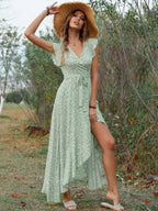Wrap-up V-neck Bandage Asymmetrical Skirt Vacation And Leisure Maxi Dresses