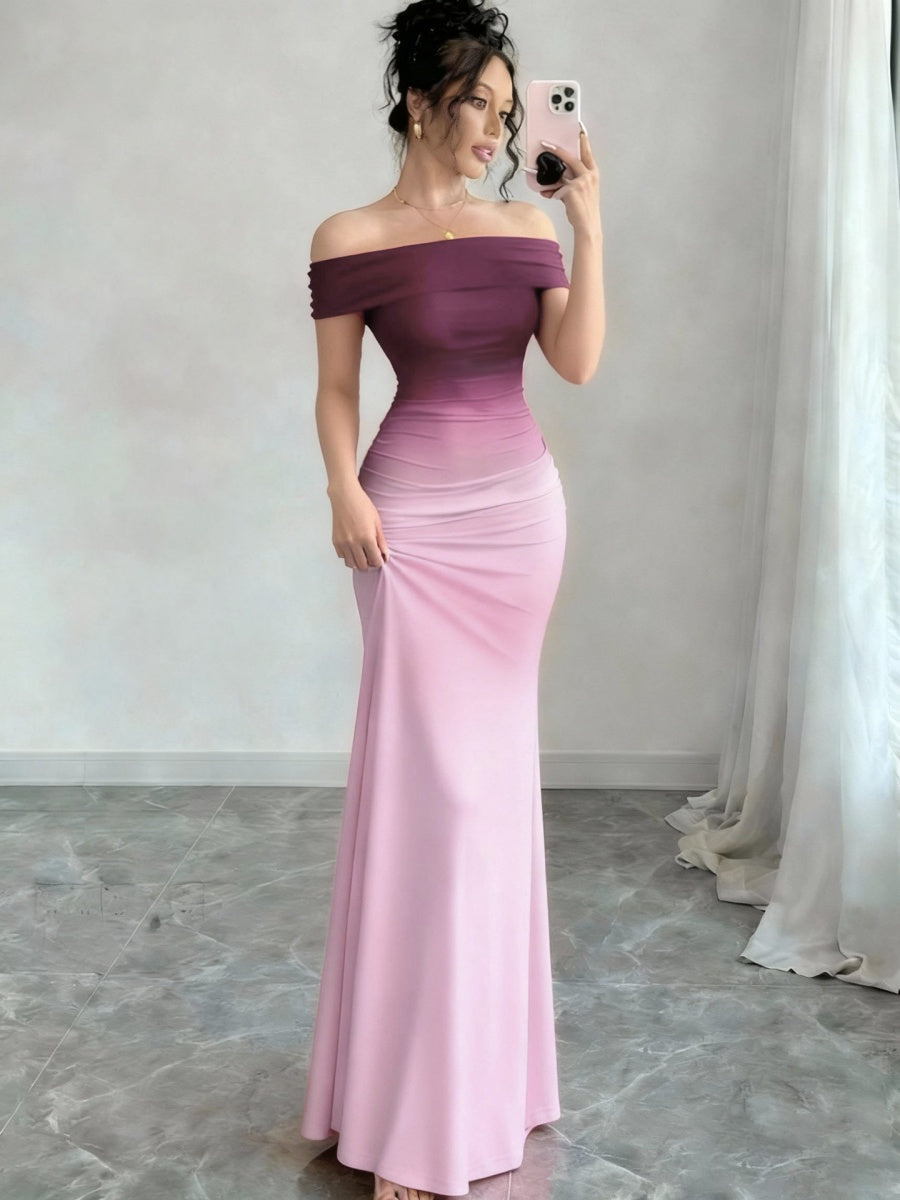 Off Shoulder Hip-hugging Gradient Maxi Dresses