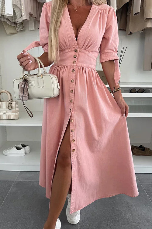 Denim Deep V-Neck Puff Sleeve Button Front Split Midi Dress