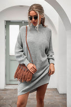 Ribbed Knit Mock Neck Balloon Sleeve Oversized Sweater Mini Dress