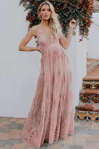 Halter Deep V-Neck Lace Floral Embroidered Empire Waist Backless Maxi Dress