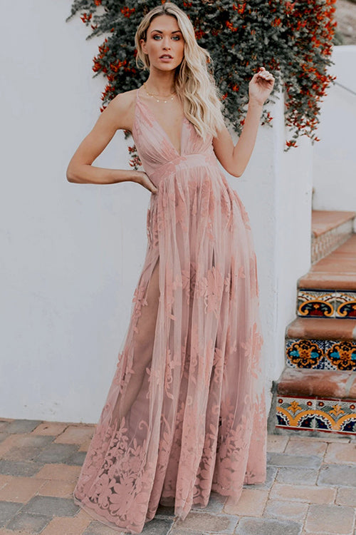 Halter Deep V-Neck Lace Floral Embroidered Empire Waist Backless Maxi Dress