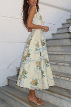 Lace Trim Drawstring Floral Print Midi Cami Dress