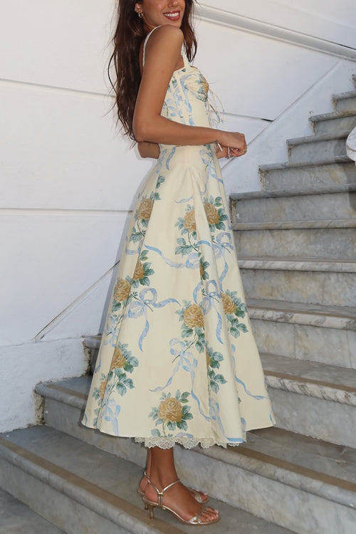 Lace Trim Drawstring Floral Print Midi Cami Dress