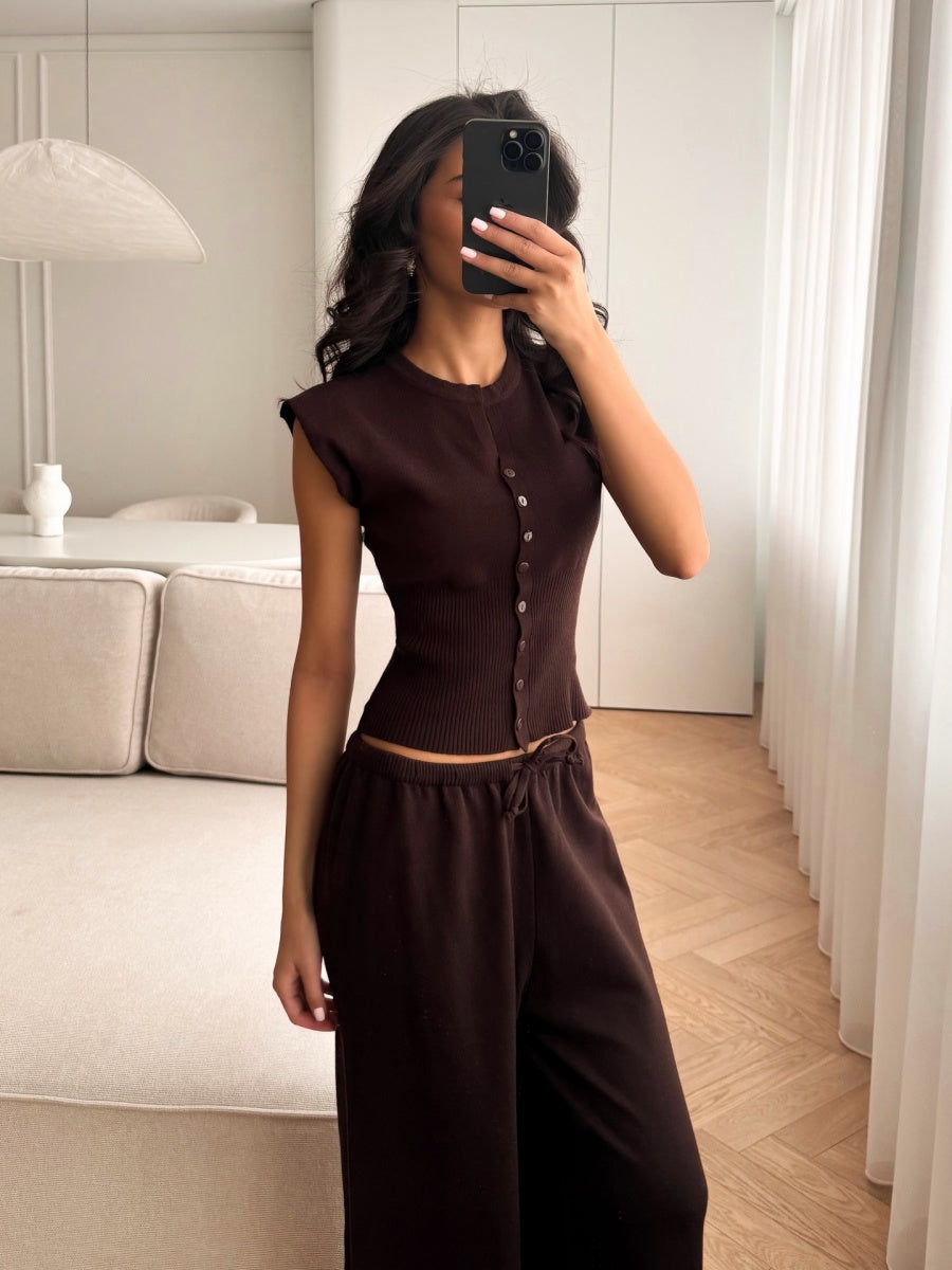 Crew Neck Sleeveless Cardigan Vest Wide-leg Pants Knitting Set 2-piece Sets