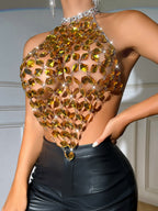 Diamond-studded Openwork Chain Splicing Halter Neck And Backless Tank Tops&Camis